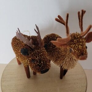 Rustic Buri Bottle Brush Reindeer & Moose Christmas Ornaments Glitter Set of 2